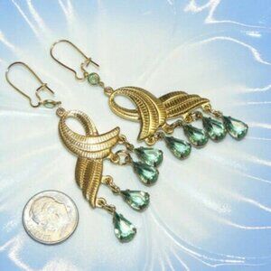 Chandelier Earrings Textured Metal with Green Drops